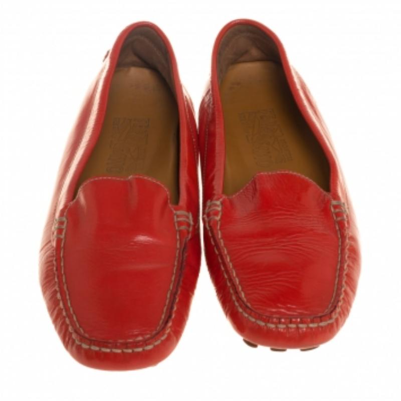 Salvatore Ferragamo Orange Patent Leather Slip On Loafers Size 38.5 For Sale 2