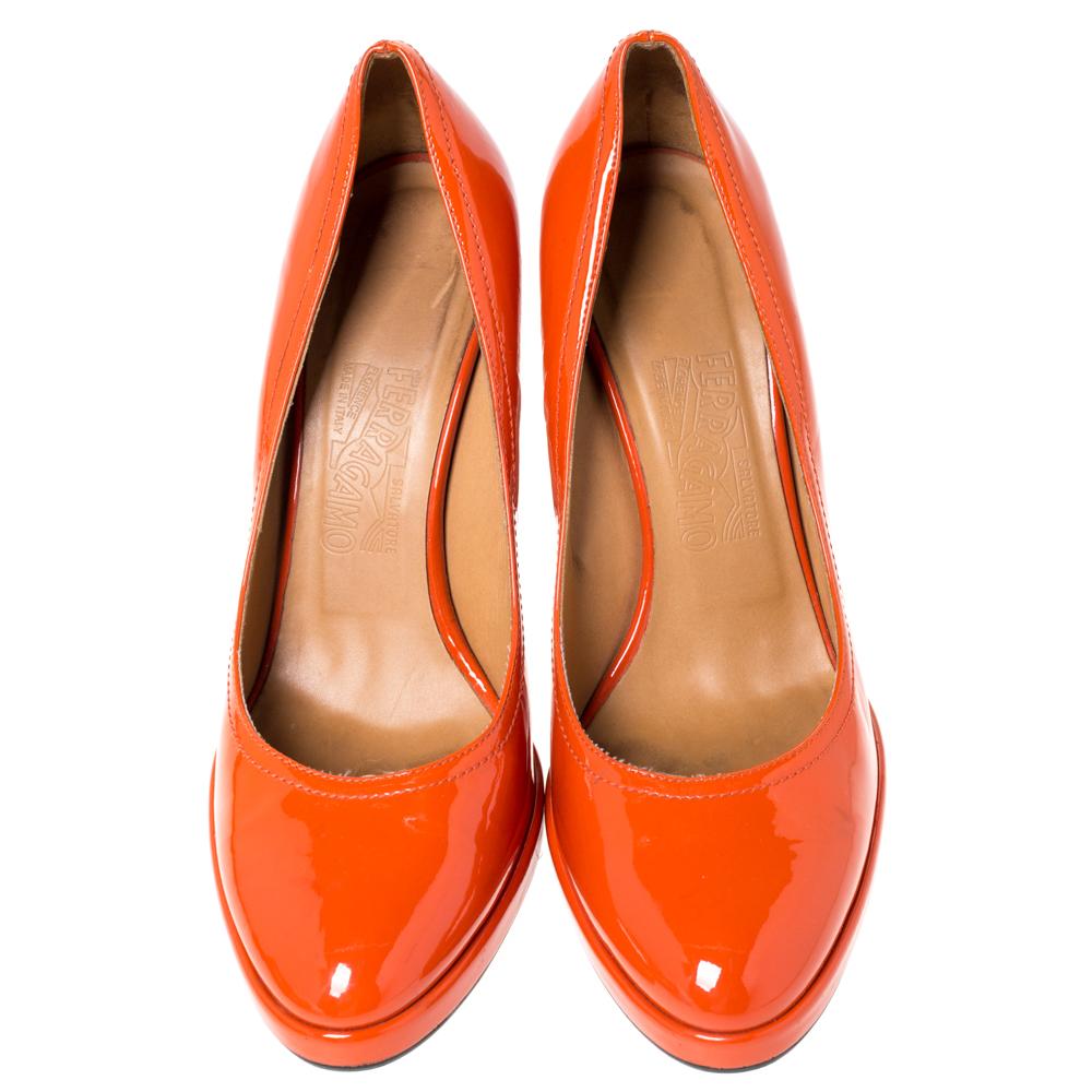 Salvatore Ferragamo Orange Patent Leather Wedge Platform Pumps Size 38 