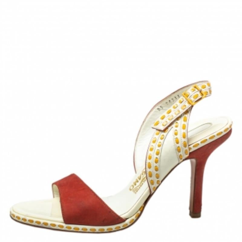 Beige Salvatore Ferragamo Orange/White Patent And Leather Slingback Sandals Size 39.5 For Sale