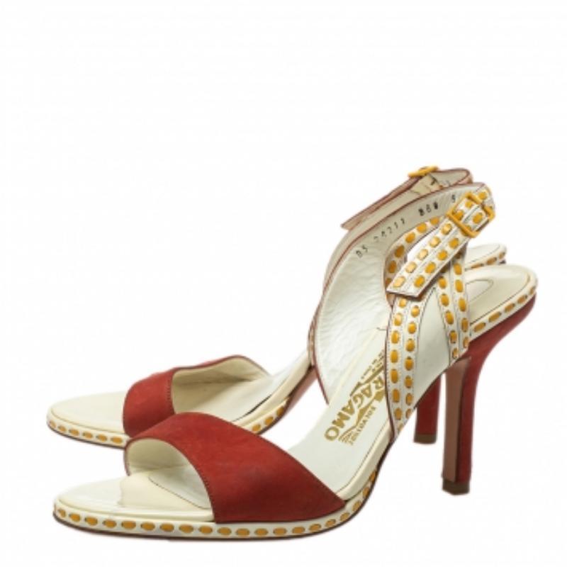 Salvatore Ferragamo Orange/White Patent And Leather Slingback Sandals Size 39.5 For Sale 1