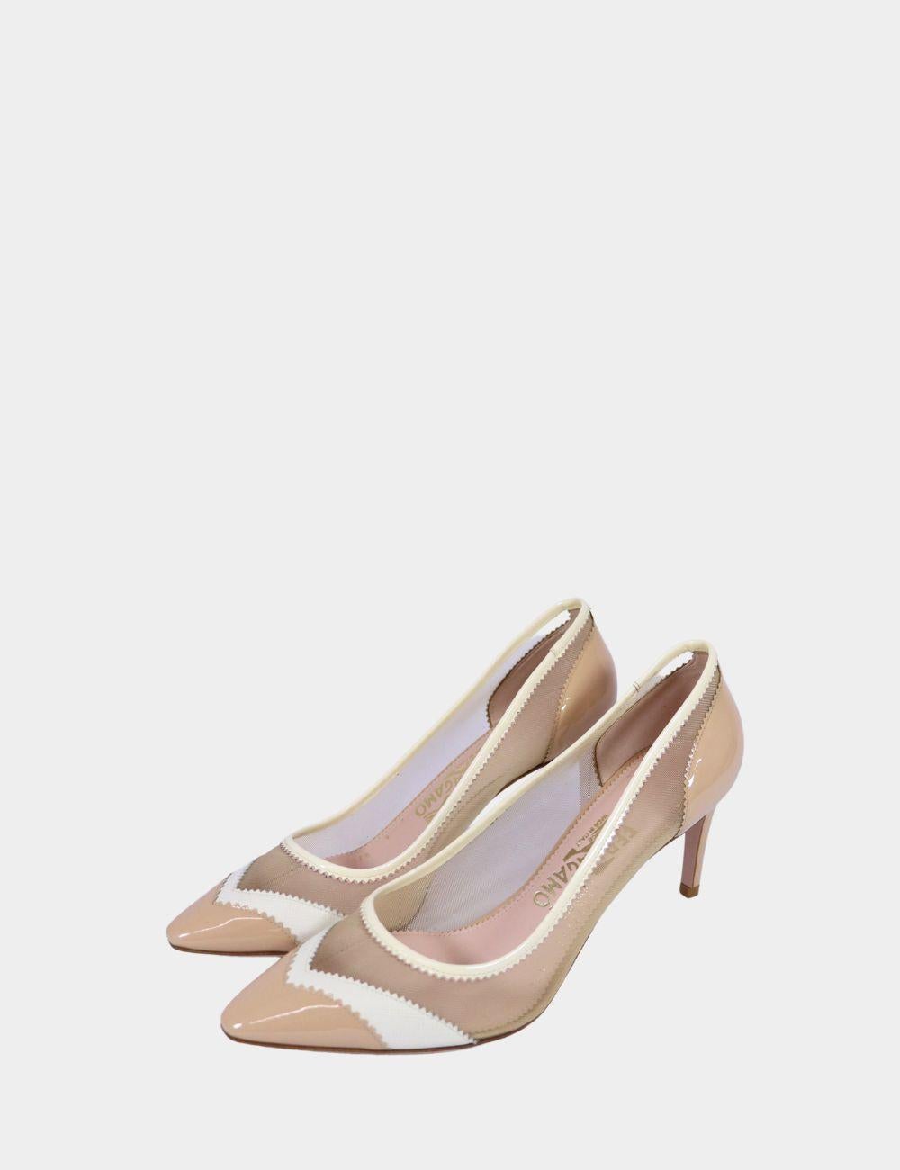 Classic elegance gets a modern refresh with these Salvatore Ferragamo nude patent leather heels. Featuring a chic pointed toe and a blend of glossy patent, soft mesh, and textured leather in tonal neutrals, these heels offer a subtle statement