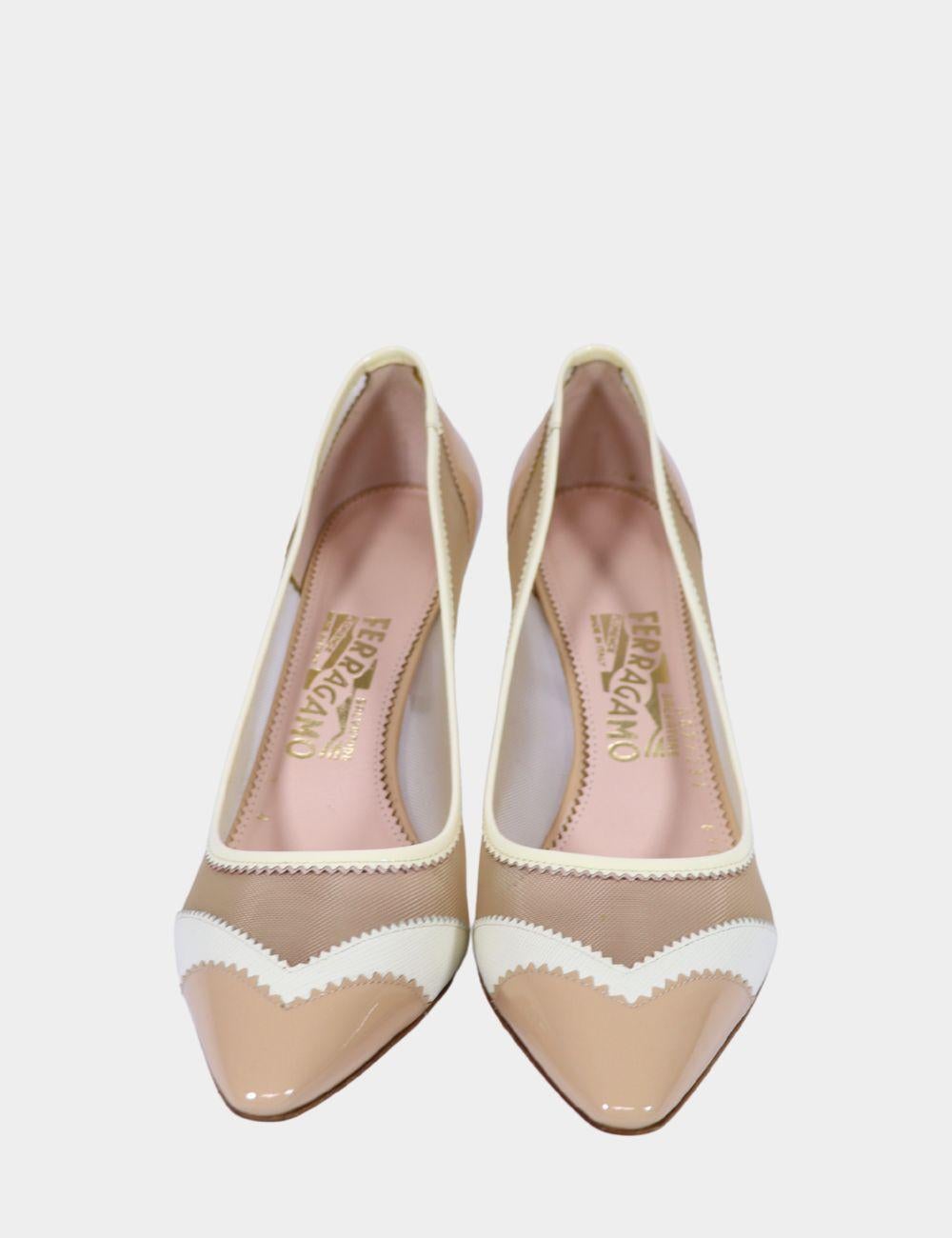 Brown Salvatore Ferragamo Patent Leather and Net Pumps Size US 8 C For Sale
