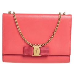Salvatore Ferragamo Peach Leather Vara Bow Chain Clutch