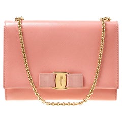 Salvatore Ferragamo Peach Leather Vara Bow Chain Clutch