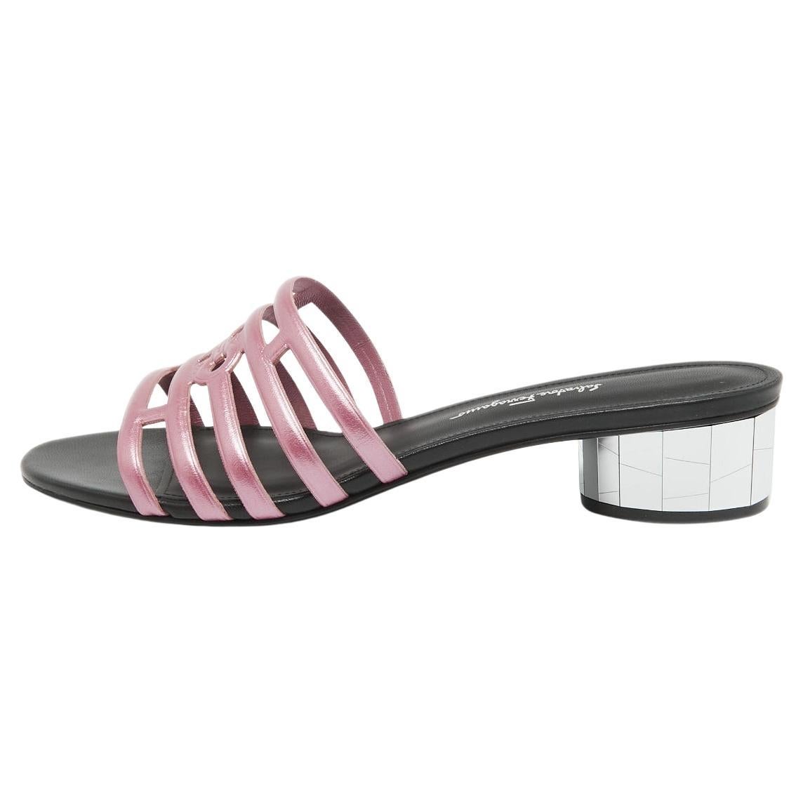 Salvatore Ferragamo Pink/Black Leather Finn Slide Sandals Size 39.5