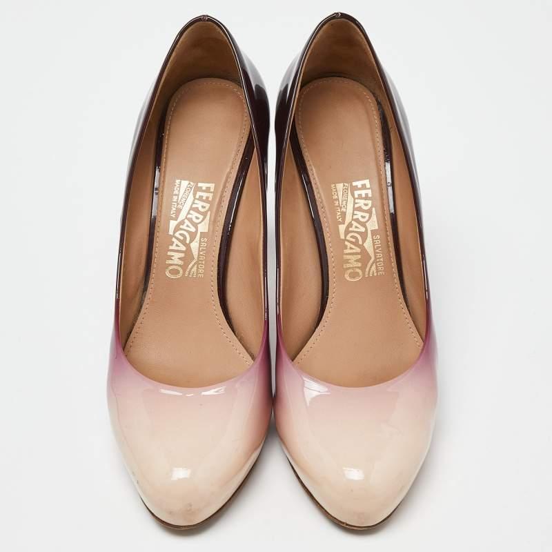 Brown Salvatore Ferragamo Pink/Burgundy Ombre Patent Leather Platform Pumps Size 39 For Sale