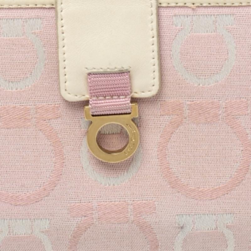 Salvatore Ferragamo Pink/Cream Gancini Canvas and Leather Wallet For Sale 5