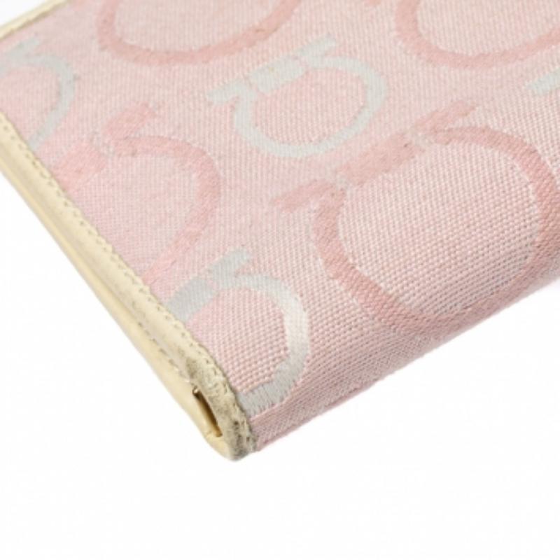 Beige Salvatore Ferragamo Pink/Cream Gancini Canvas and Leather Wallet For Sale
