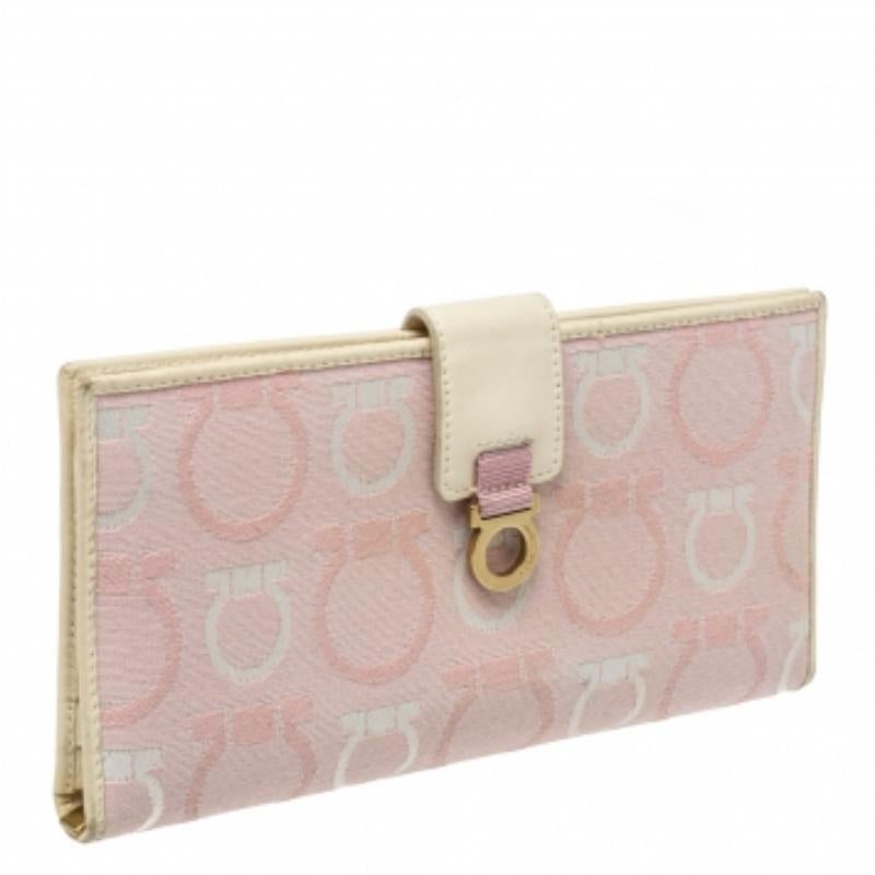 Salvatore Ferragamo Pink/Cream Gancini Canvas and Leather Wallet For Sale 1