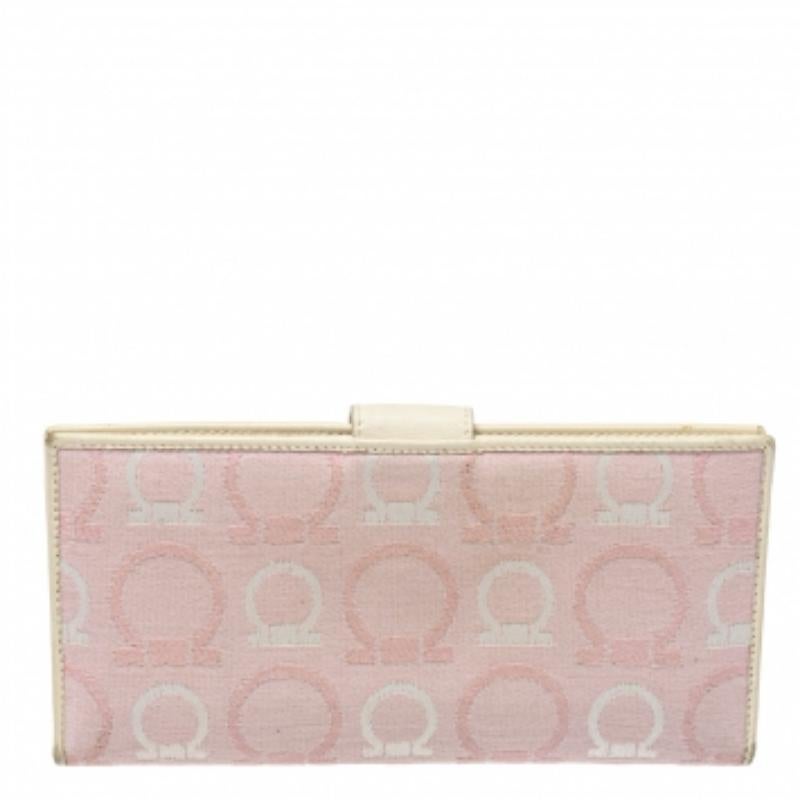 Salvatore Ferragamo Pink/Cream Gancini Canvas and Leather Wallet For Sale 2