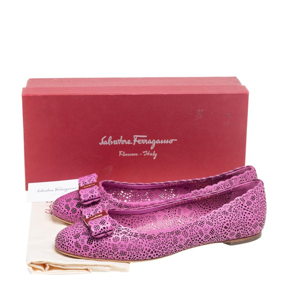 Salvatore Ferragamo Pink Laser Cut Leather Vara Bow Ballet Flats Size 40.5 5