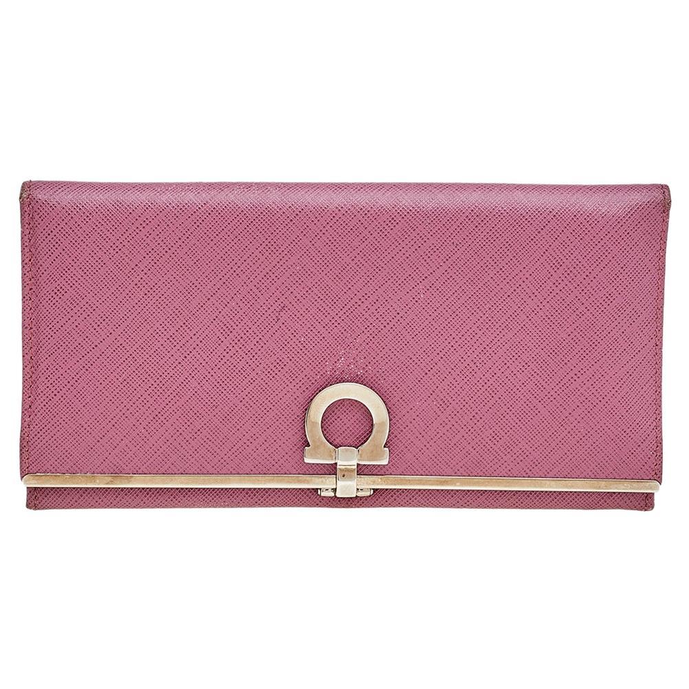Salvatore Ferragamo Pink Leather Gancini Clip Continental Wallet