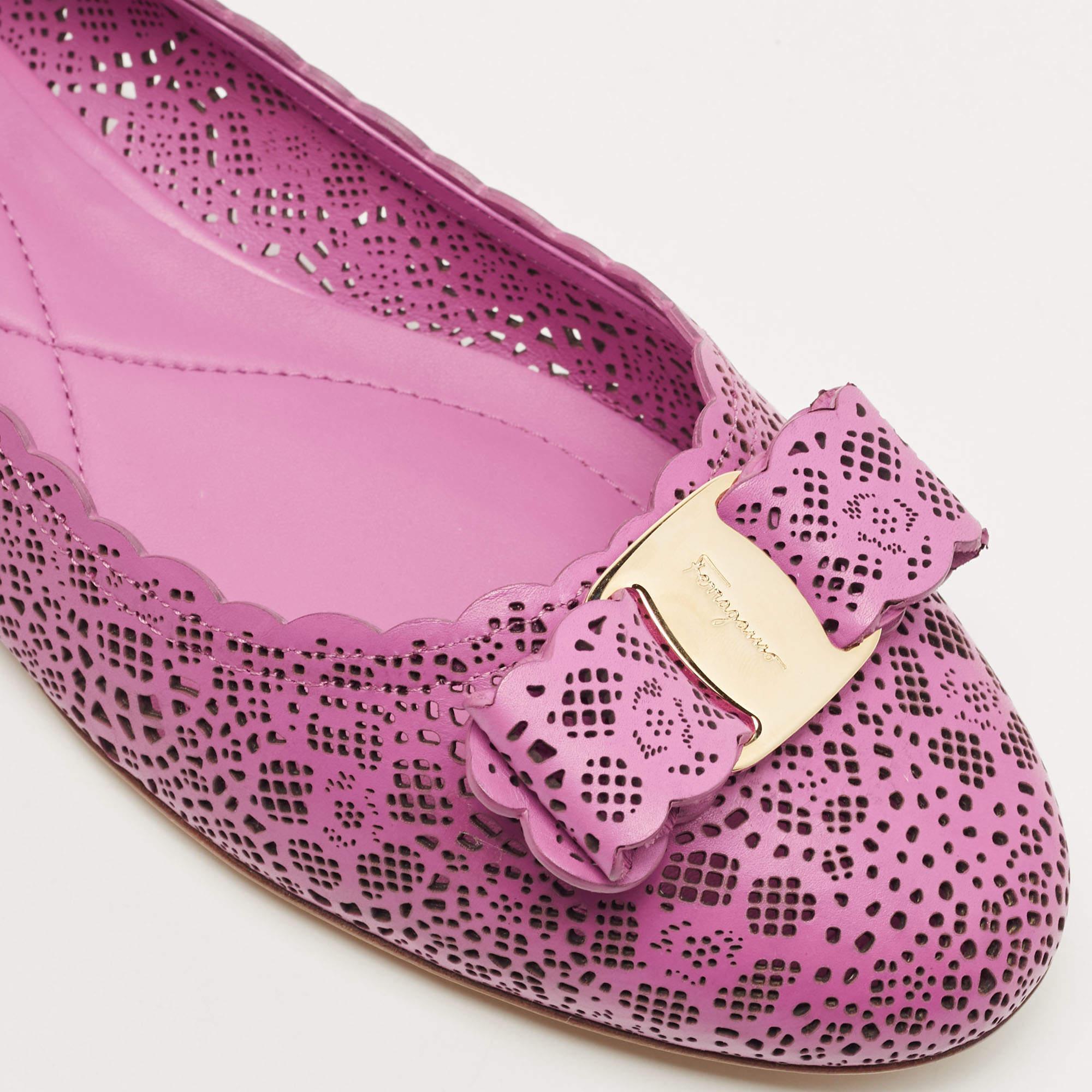 Salvatore Ferragamo Pink Leather Laser Cut Varina Ballet Flats Size 40.5 1