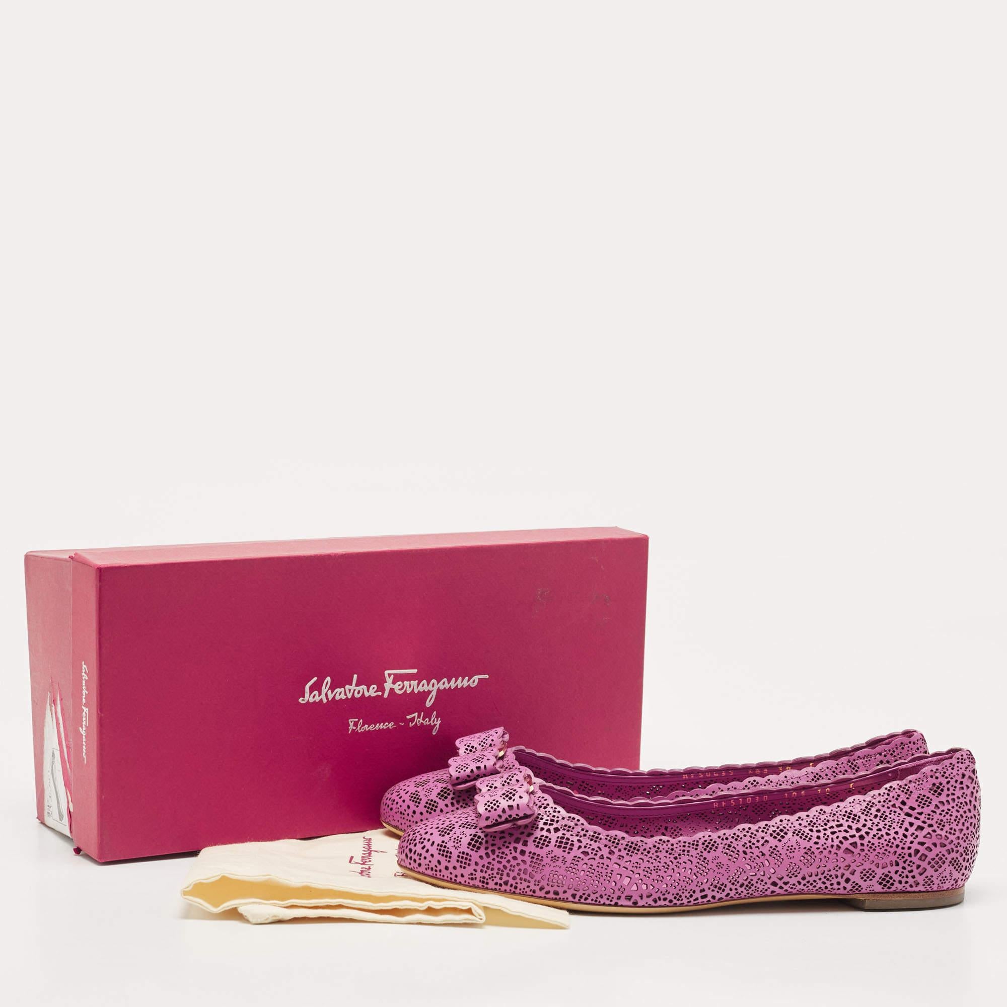 Salvatore Ferragamo Pink Leather Laser Cut Varina Ballet Flats Size 40.5 5