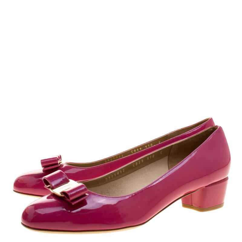 Salvatore Ferragamo Pink Patent Leather Vara Bow Block Heel Pumps Size 40.5 1