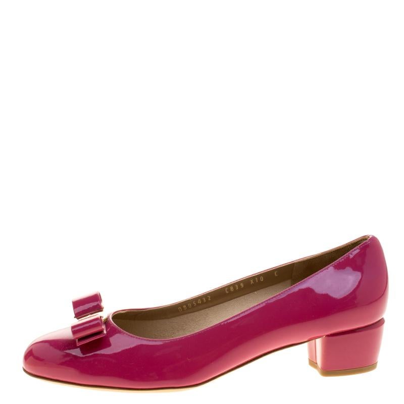 Salvatore Ferragamo Pink Patent Leather Vara Bow Block Heel Pumps Size 40.5 2