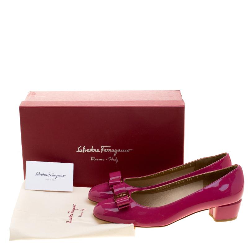 Salvatore Ferragamo Pink Patent Leather Vara Bow Block Heel Pumps Size 40.5 3