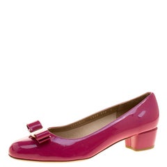 Salvatore Ferragamo Pink Patent Leather Vara Bow Block Heel Pumps Size 40.5