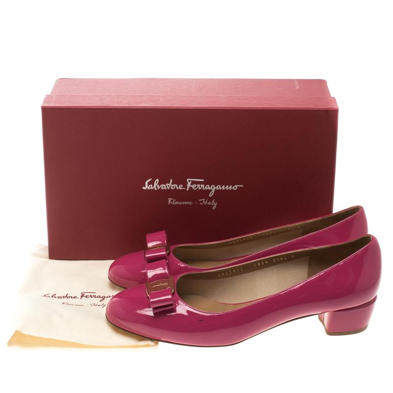 Salvatore Ferragamo Pink Patent Leather Vara Bow Block Heel Pumps Size 41 4