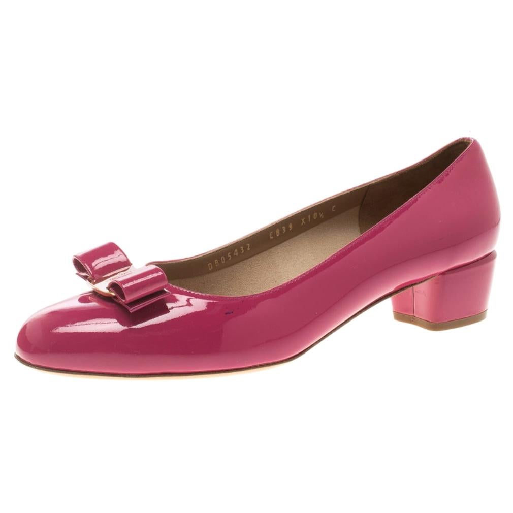 Salvatore Ferragamo Pink Patent Leather Vara Bow Block Heel Pumps Size 41