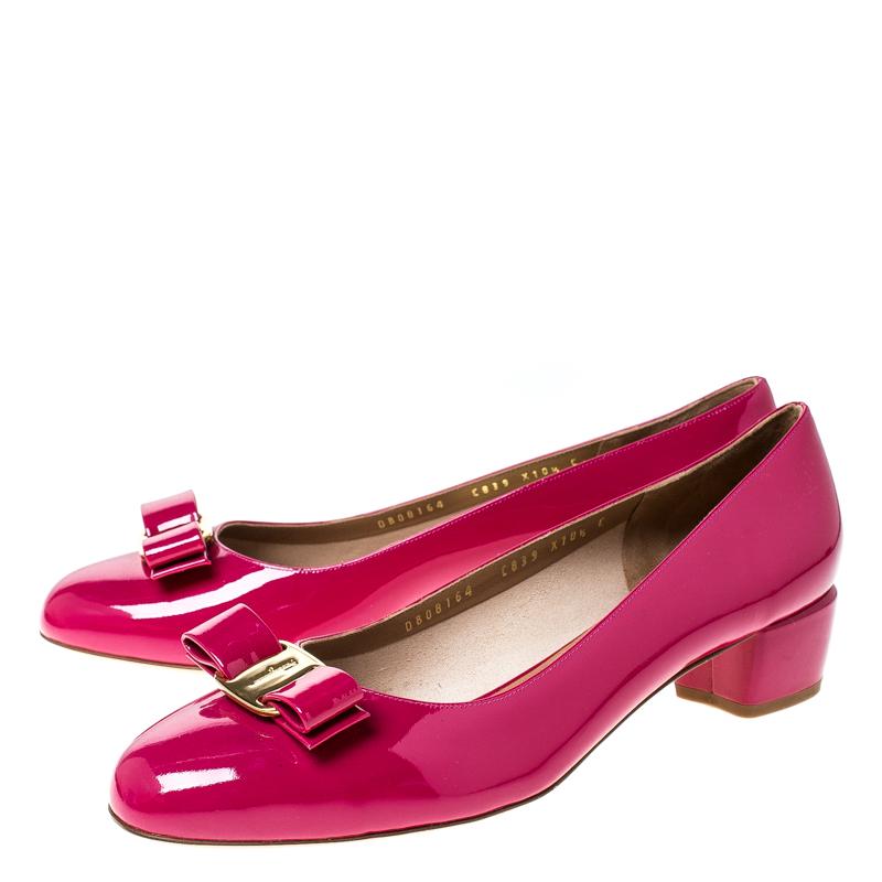 Salvatore Ferragamo Pink Patent Leather Vara Bow Pumps Size 41 3