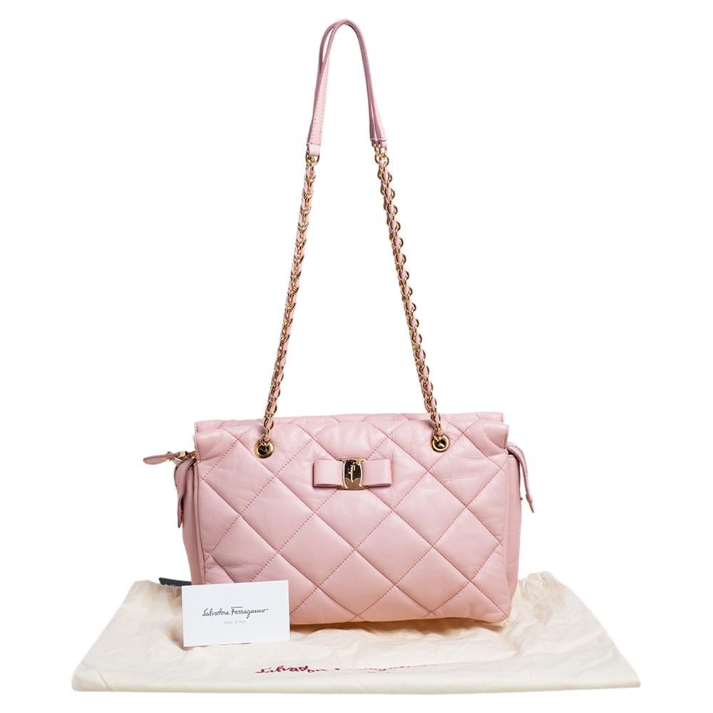 Salvatore Ferragamo Pink Quilted Leather Bow Zip Genette Shoulder Bag 7