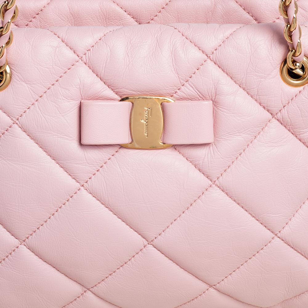 Salvatore Ferragamo Pink Quilted Leather Bow Zip Genette Shoulder Bag 1