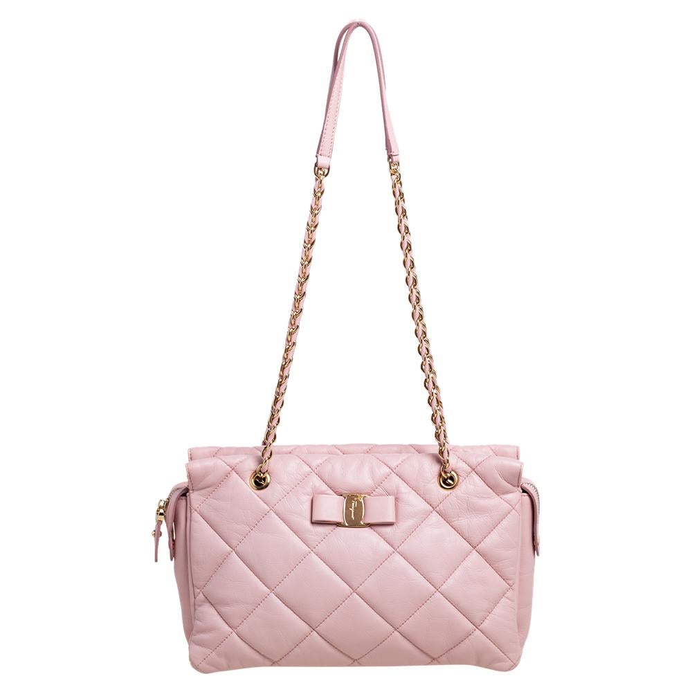Salvatore Ferragamo Pink Quilted Leather Bow Zip Genette Shoulder Bag
