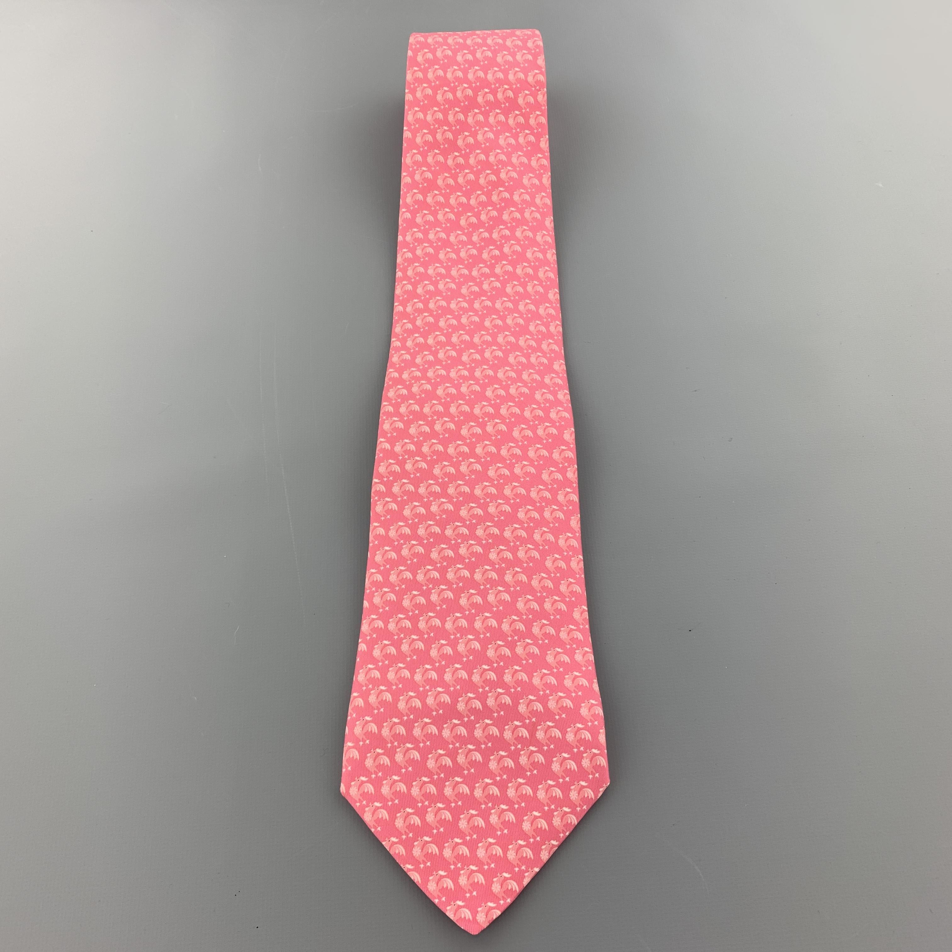 SALVATORE FERRAGAMO Pink Silk Rooster Print Tie In Excellent Condition In San Francisco, CA