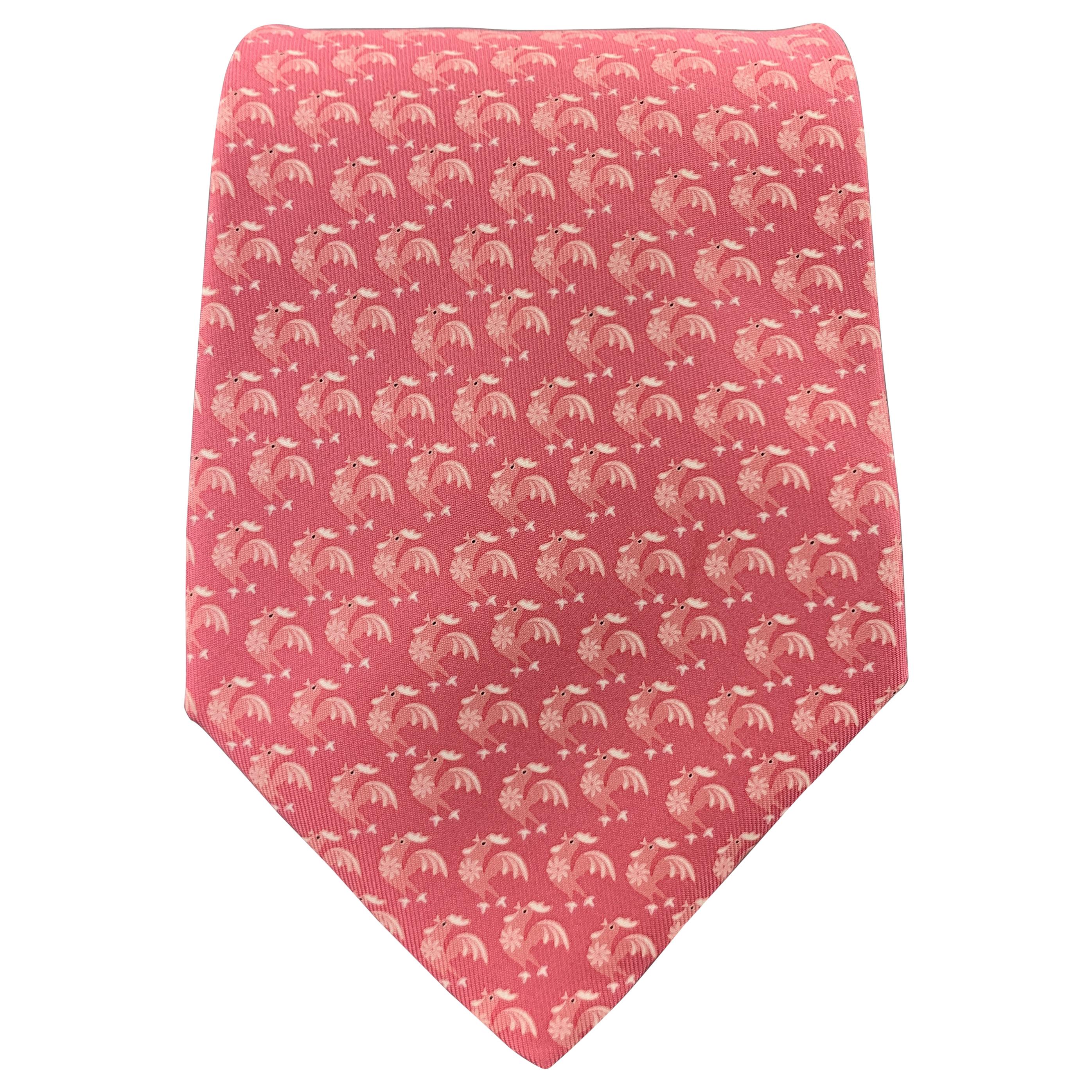 SALVATORE FERRAGAMO Pink Silk Rooster Print Tie