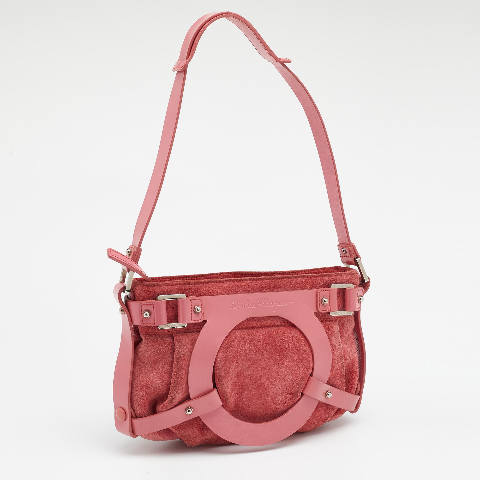 Women's Salvatore Ferragamo Pink Suede and Leather Gancio Baguette Shoulder Bag