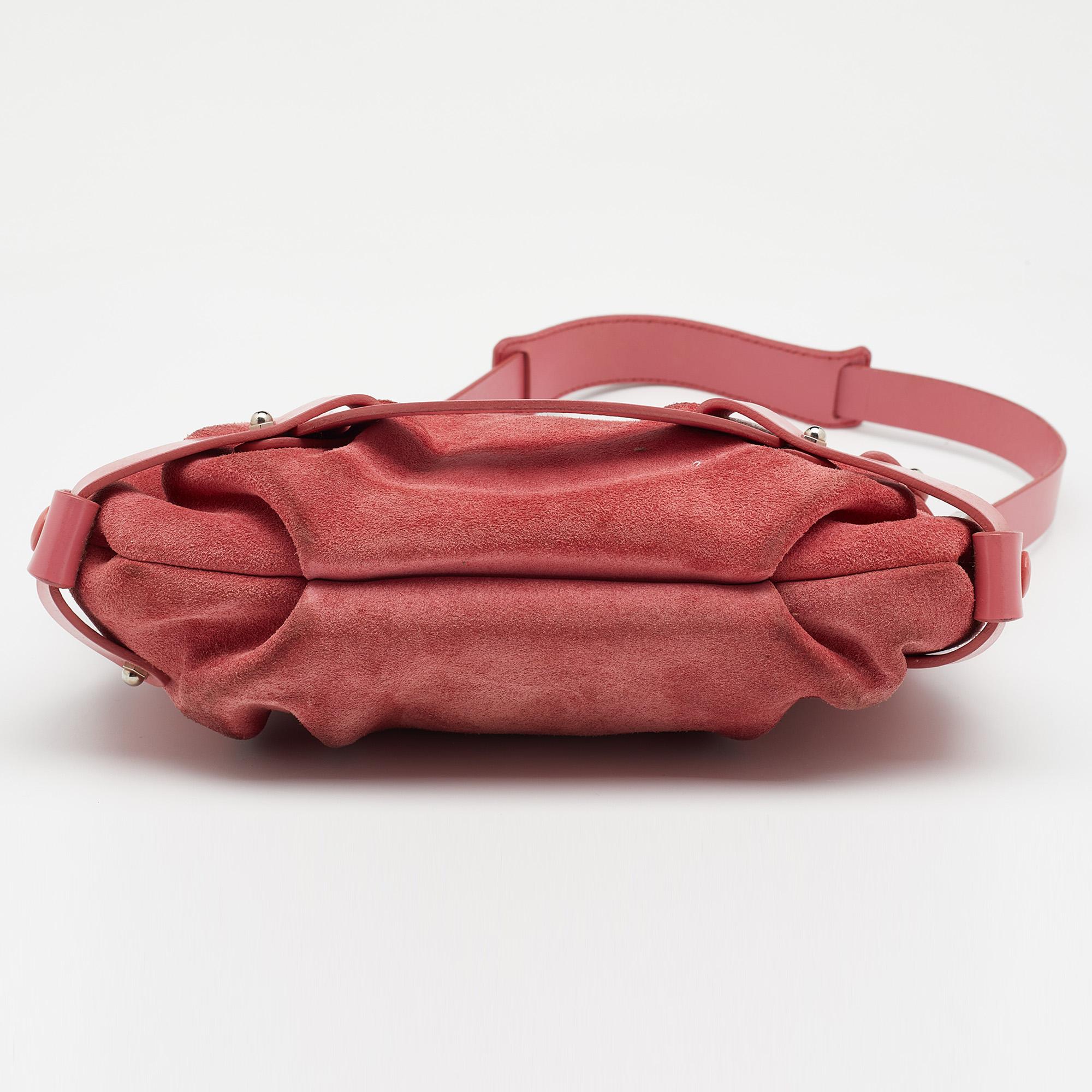 Salvatore Ferragamo Pink Suede and Leather Gancio Baguette Shoulder Bag 1