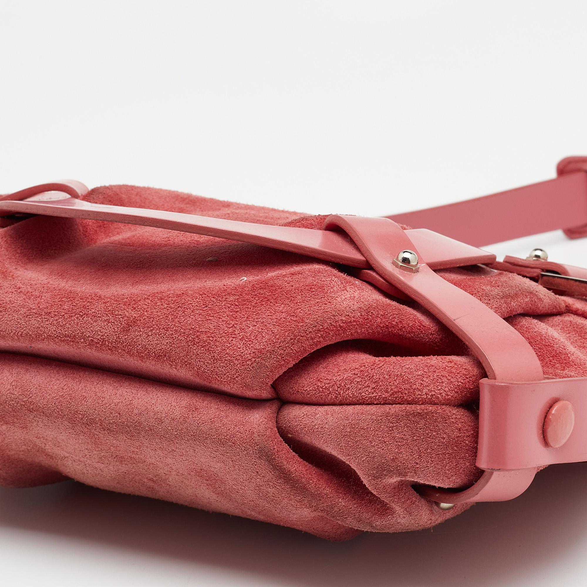 Salvatore Ferragamo Pink Suede and Leather Gancio Baguette Shoulder Bag 5