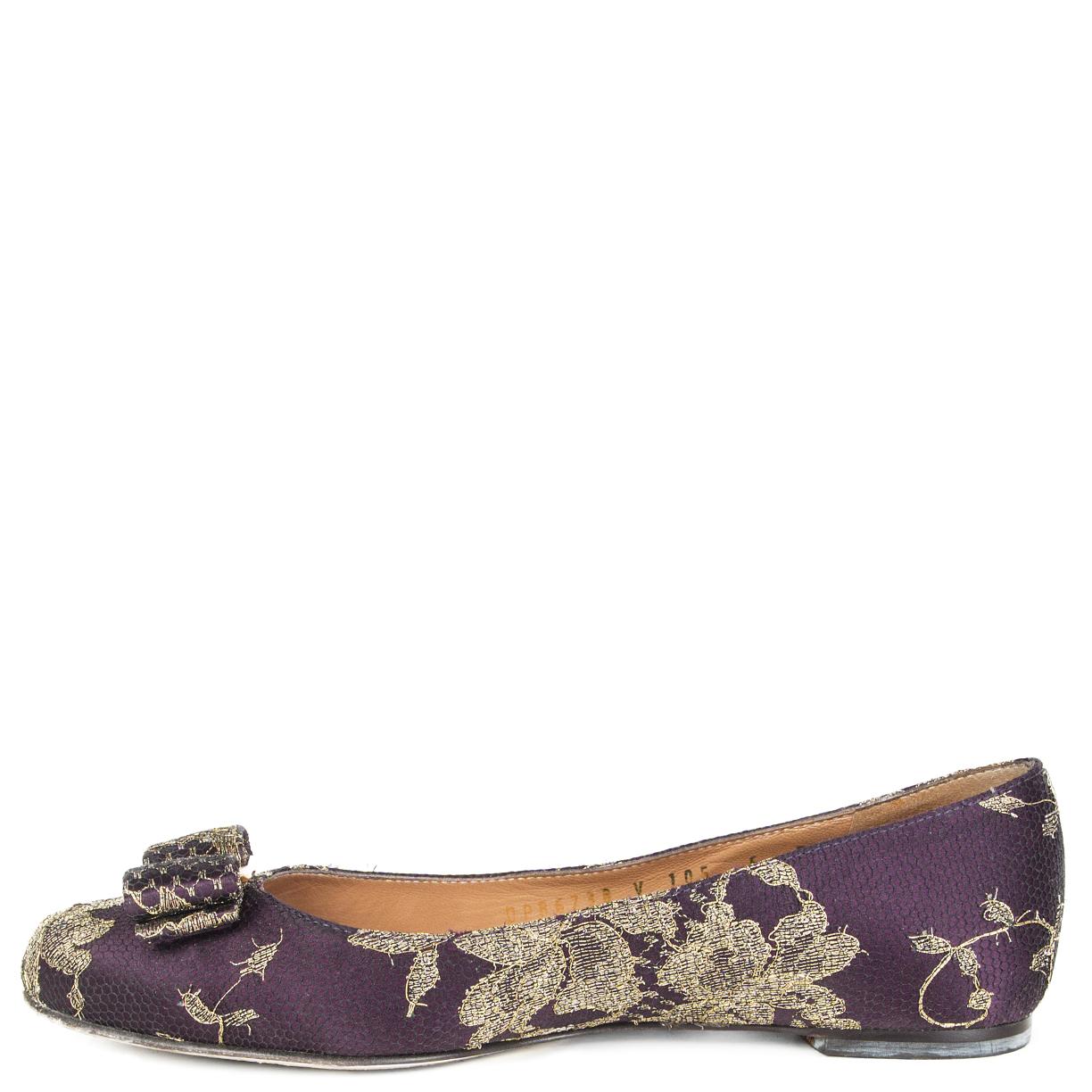 Gray SALVATORE FERRAGAMO purple & gold FLORAL LUREX LACE VARINA Flats Shoes 35 For Sale