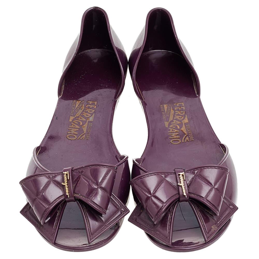 Black Salvatore Ferragamo Purple Jelly Bow Flat Sandals Size 39.5