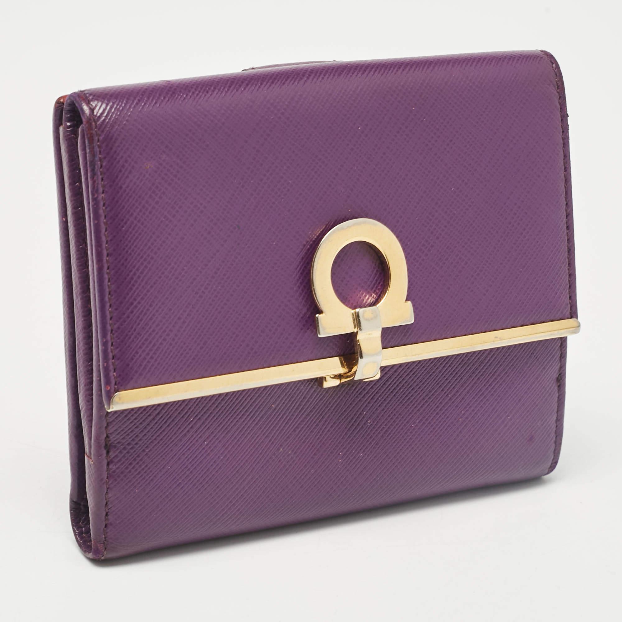 Women's Salvatore Ferragamo Purple Leather Gancio Clasp French Wallet For Sale
