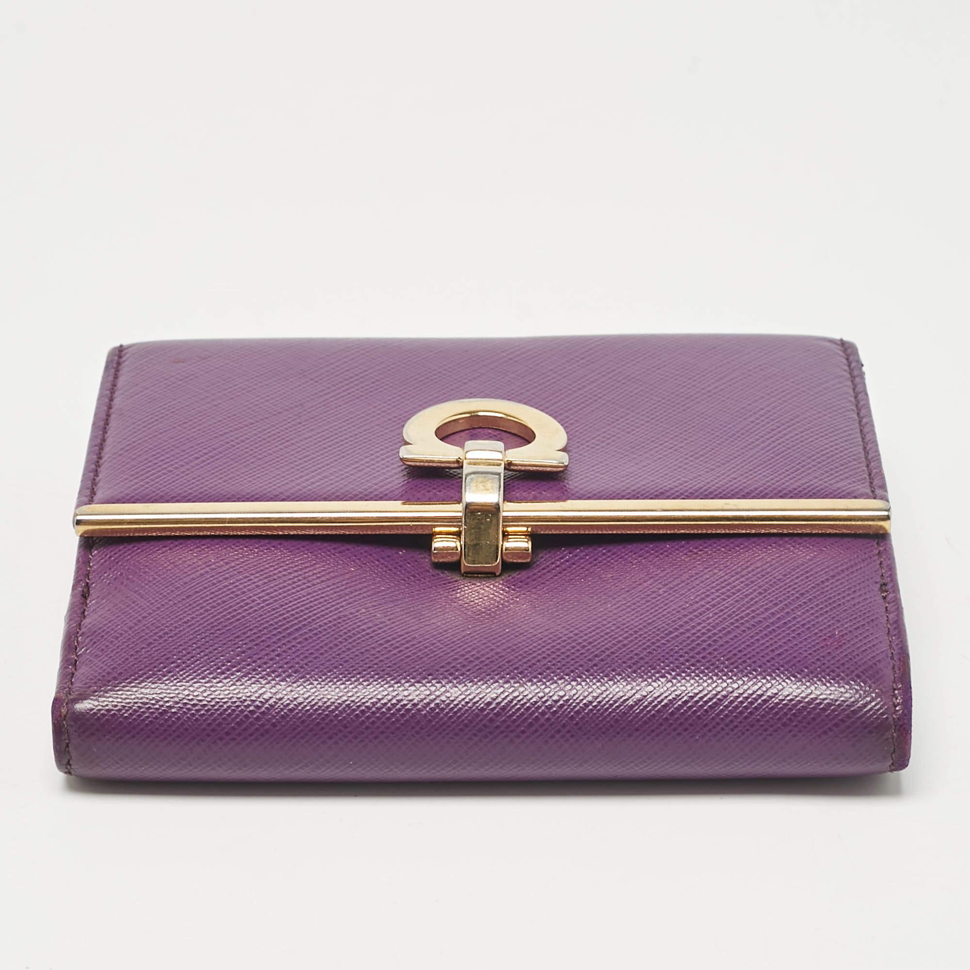 Salvatore Ferragamo Purple Leather Gancio Clasp French Wallet For Sale 4