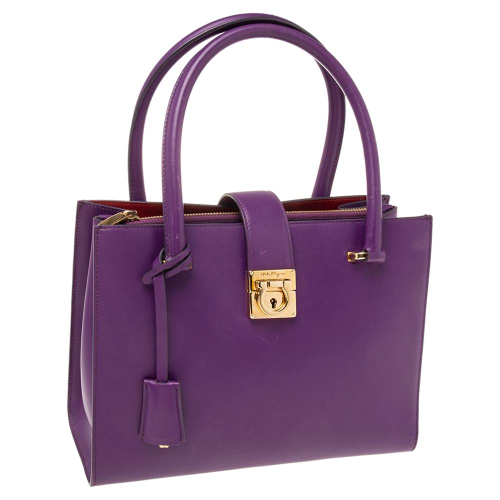 Women's Salvatore Ferragamo Purple Leather Gancio Lock Tote