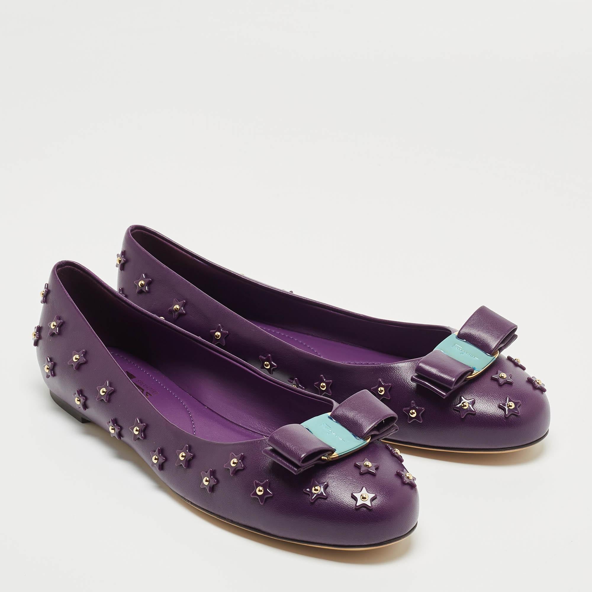 Black Salvatore Ferragamo Purple Leather Vara Bow Ballet Flats Size 40.5
