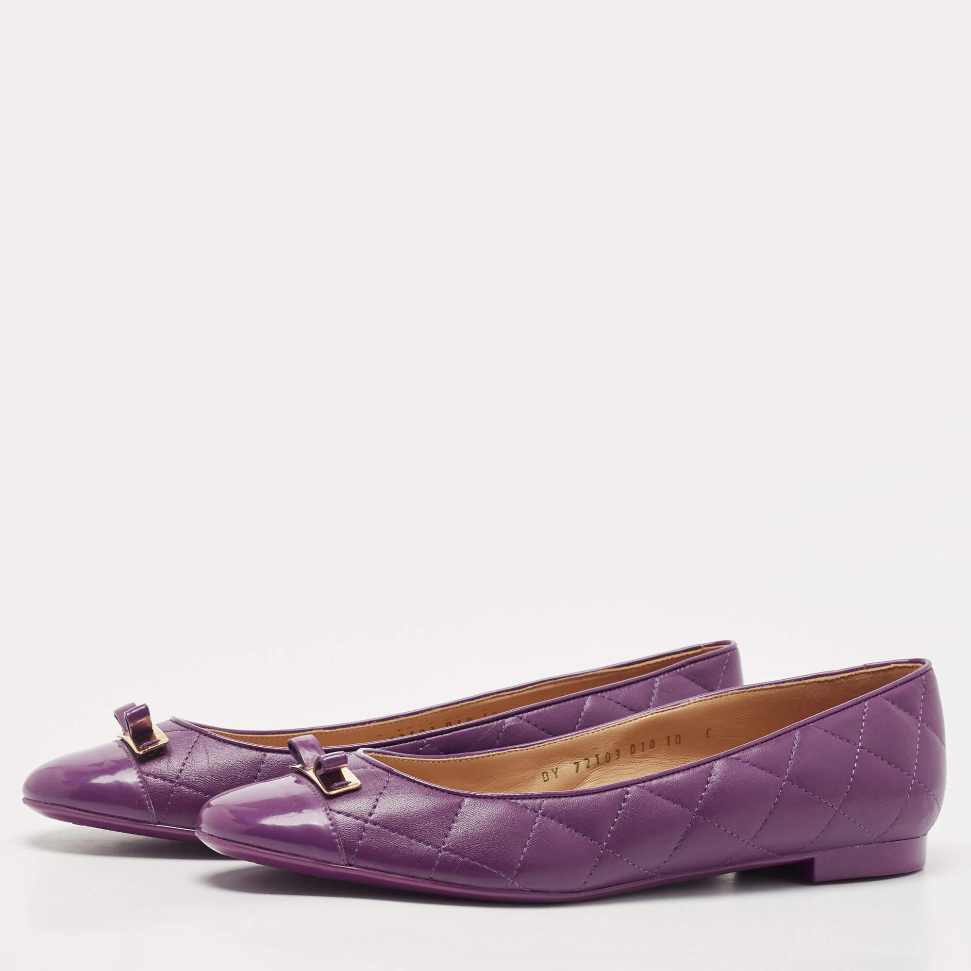 Women's Salvatore Ferragamo Purple Quilted Leather Bow Ballet Flats Size 40.5