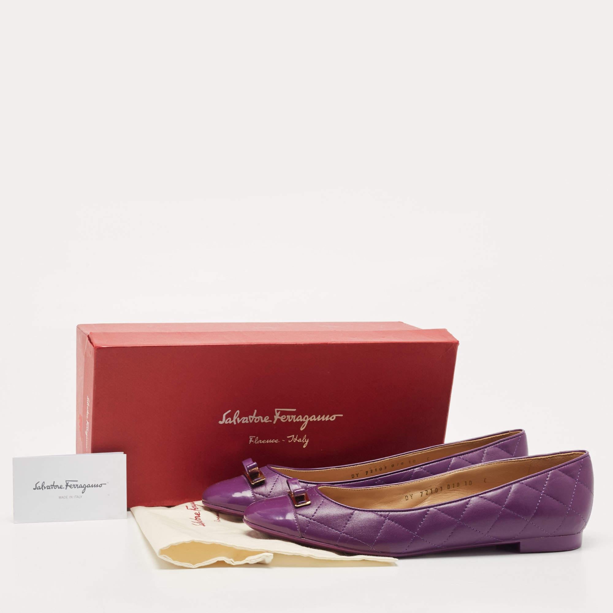 Salvatore Ferragamo Purple Quilted Leather Bow Ballet Flats Size 40.5 5