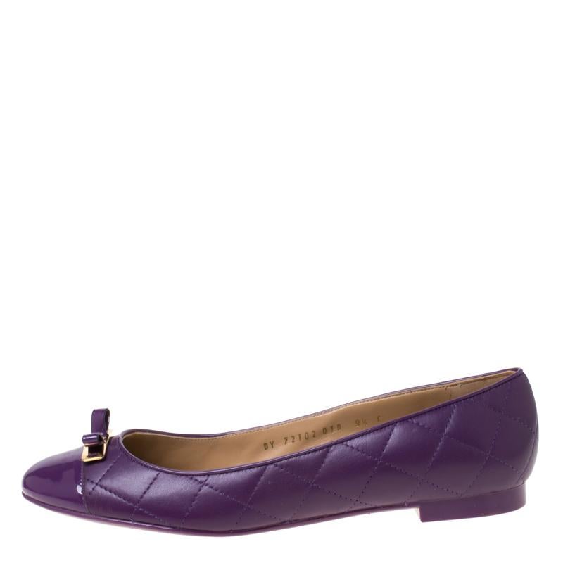 Women's Salvatore Ferragamo Purple Quilted Leather Bow Ballets Flats Size 40