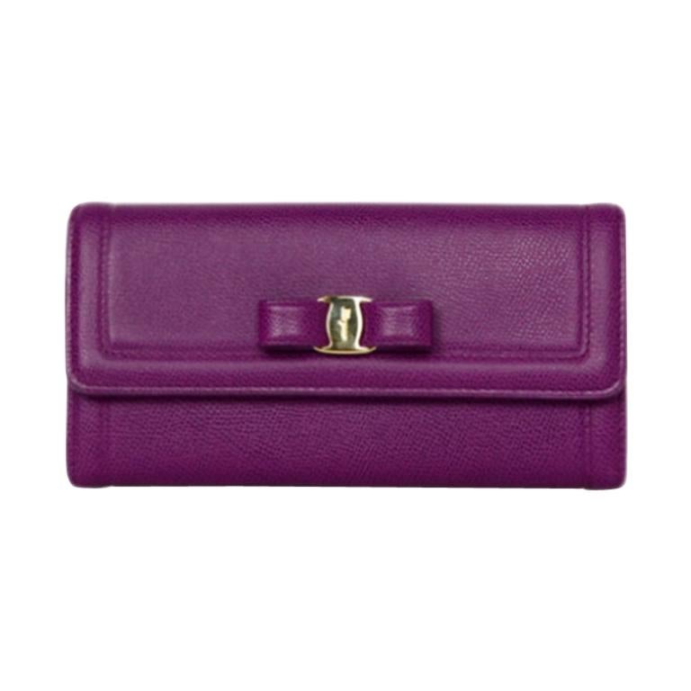 Salvatore Ferragamo Purple Textured Leather Vera Bow Wallet rt. $490