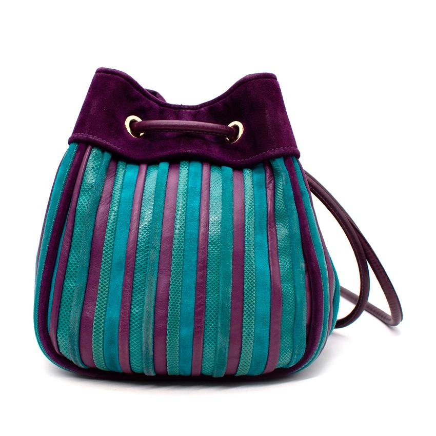 Salvatore Ferragamo Purple & Turquoise Leather & Lizard Drawstring Bag
 

 - Unique bicolour drawstring bag, crafted from suede, leather and lizard panels
 - Rich purple and vibrant turquoise colours, offset with gold-tone hardware
 - Purple leather