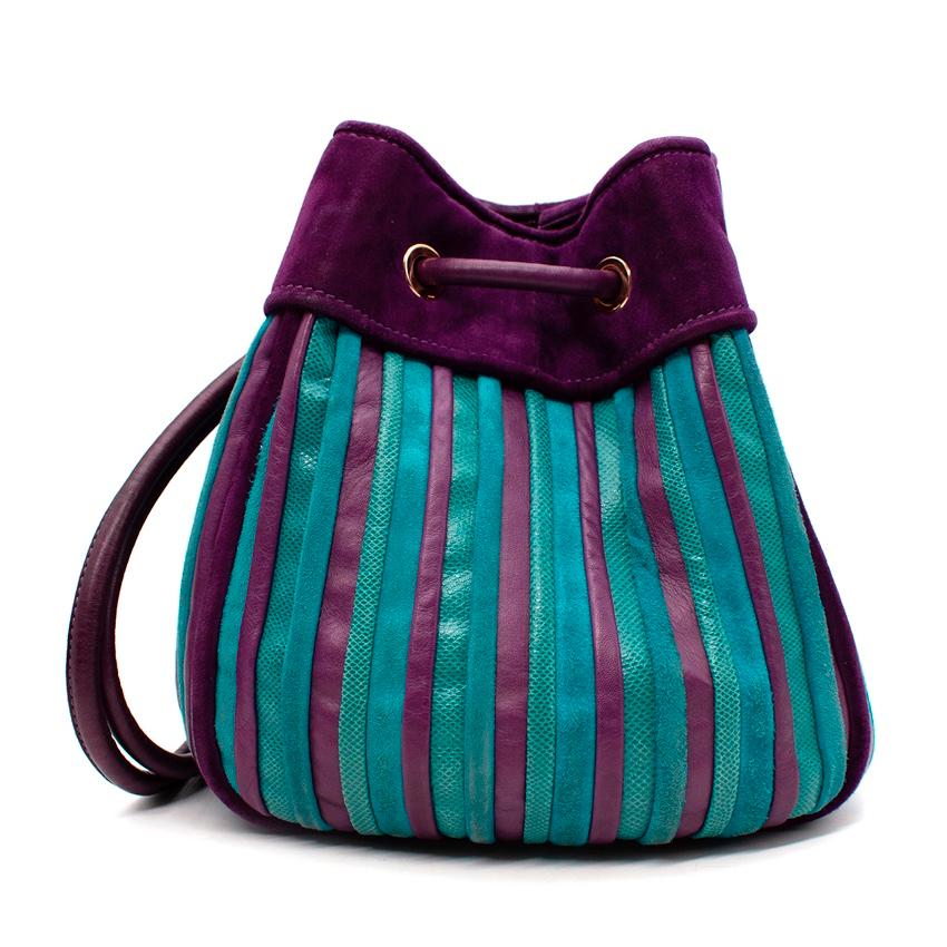 Salvatore Ferragamo Purple & Turquoise Leather & Lizard Drawstring Bag In Excellent Condition For Sale In London, GB