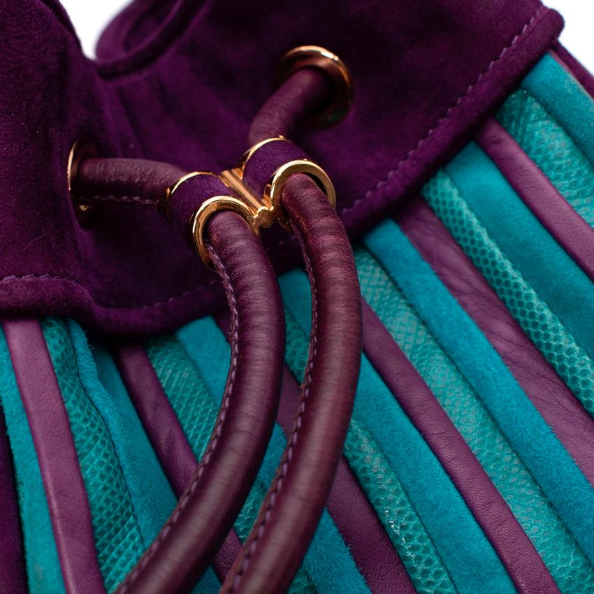 Salvatore Ferragamo Purple & Turquoise Leather & Lizard Drawstring Bag For Sale 2