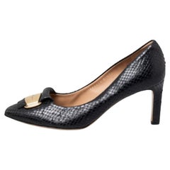 Used Salvatore Ferragamo Python Embossed Leather Logo Embellished Pumps Size 39.5