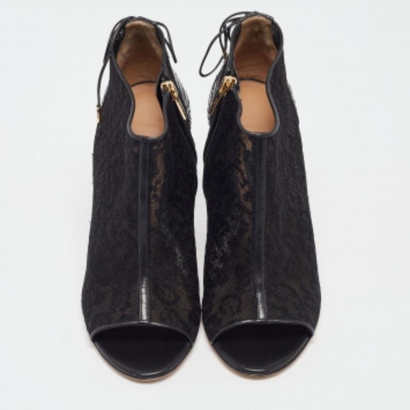 Black Salvatore Ferragamo Python Leather & Lace Nufus Open Toe Ankle Booties Size 36.5 For Sale