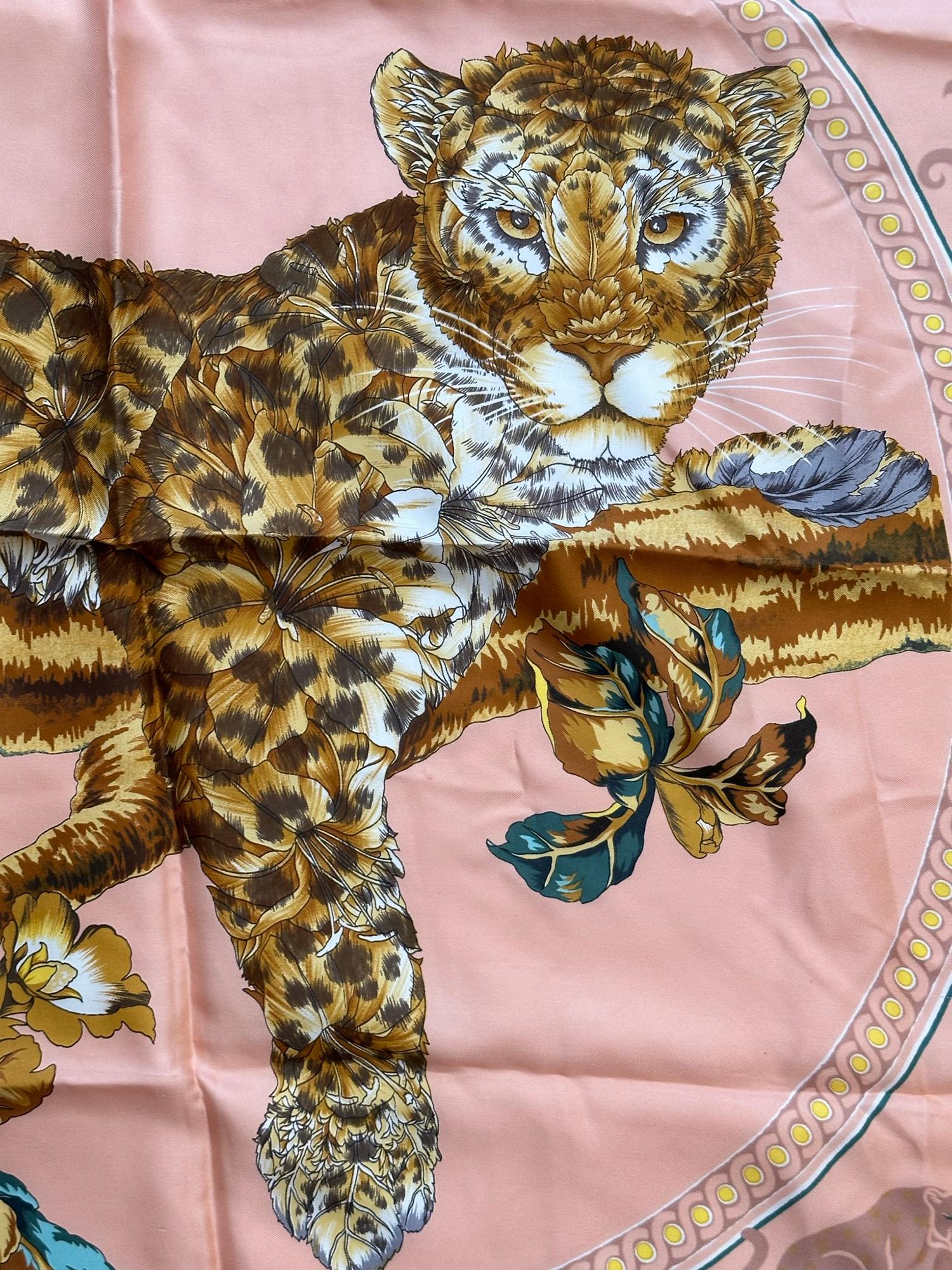 Salvatore Ferragamo rare lounging leopard, pink & grey silk scarf 1970s 34