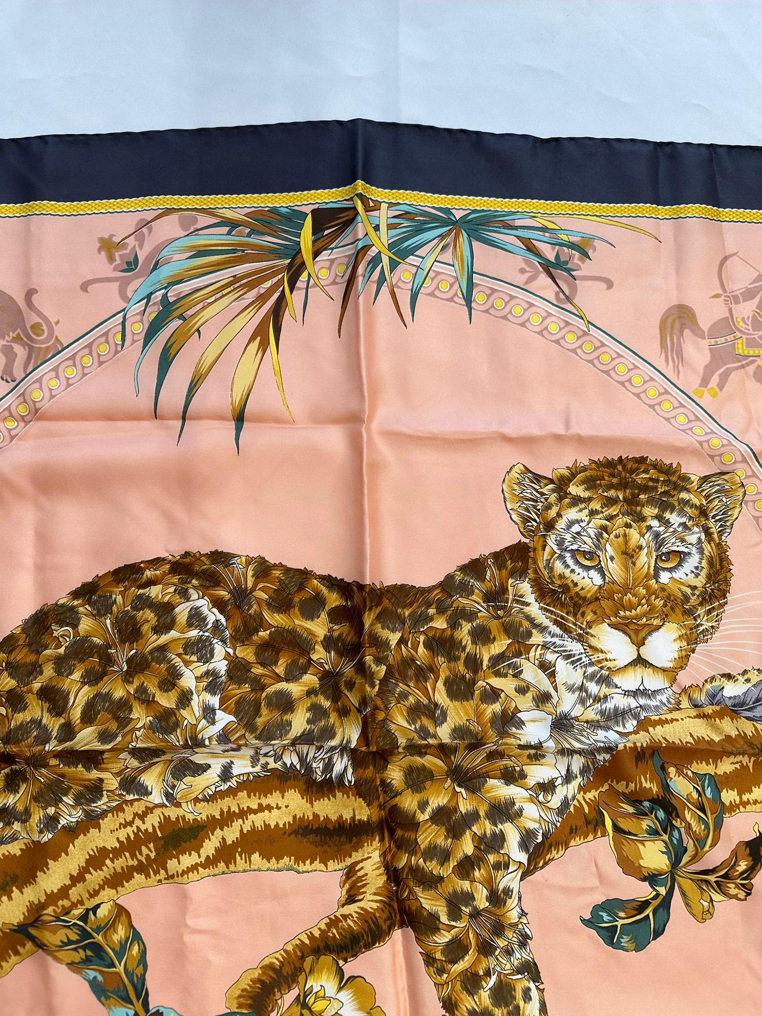 Women's or Men's Salvatore Ferragamo Rare Lounging Leopard Pink & Grey Silk Scarf 1970s 34